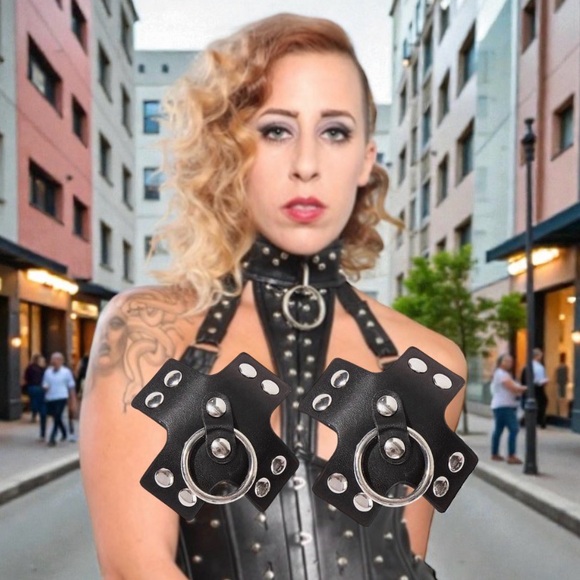 None Accessories - Black Leather Cross Pasties with Silver Rings